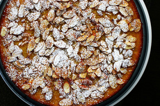 almond cake with strawberry-rhubarb compote