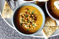 carrot soup with tahini and crisped chickpeas