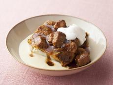 Pumpkin Bread Pudding with Spicy Caramel Apple Sauce and Vanilla Bean Creme Anglaise