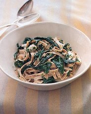 Whole Wheat Fettucine with Dandelion Greens, Goat Cheese, and Roasted Garlic