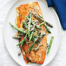 Grilled King Salmon with Asparagus, Morels, and Leeks