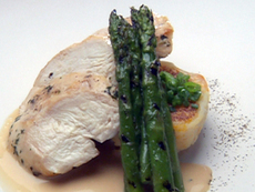 Breast of Chicken on Pumpkin/Cranberry Rissole with White Chocolate Balsamic Sauce and Asparagus