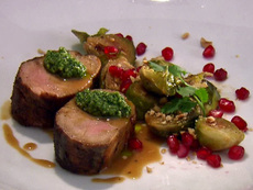 Spice Rubbed Pork Tenderloin with Roasted Brussels Sprouts, Jalapeno Pesto and Pomegranate
