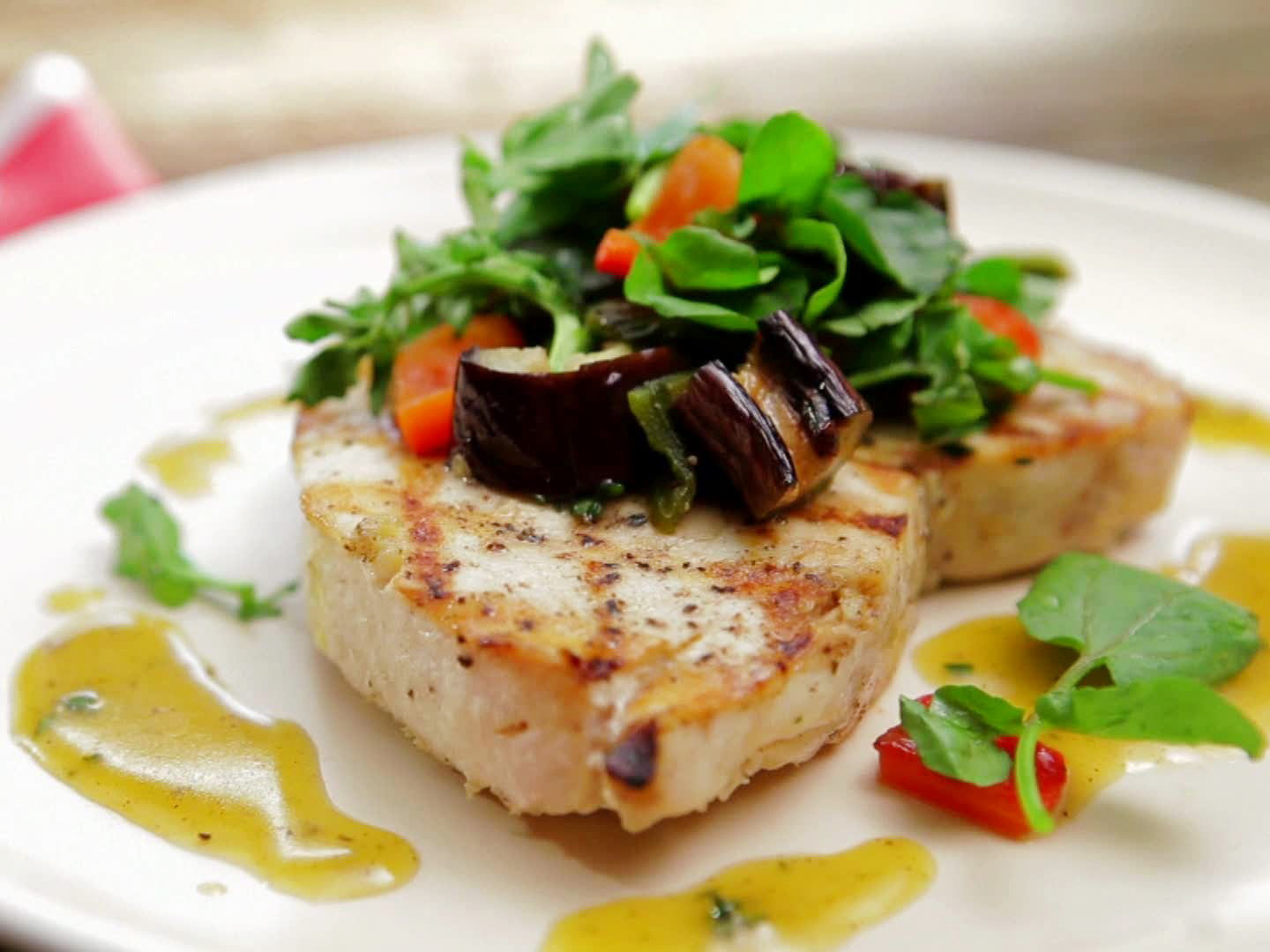 Grilled Swordfish and Eggplant Salad with HoneyThyme Vinaigrette