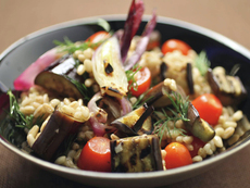 Farro Salad with Grilled Eggplant, Tomatoes and Onion