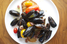 Roasted Mussels with Pancetta + Olives