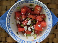 WATERMELON SALAD WITH FETA, CUCUMBER, ONION AND PISTACHIOS